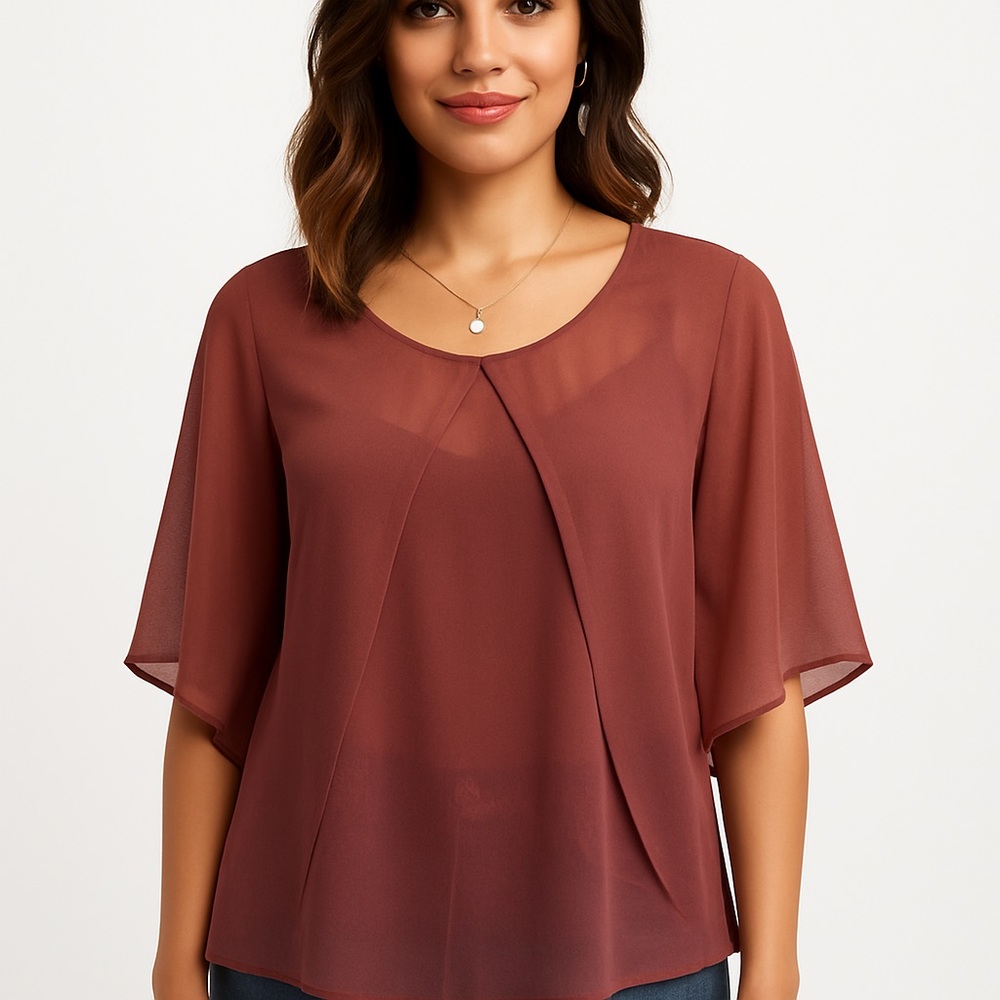 BB Dakota Rust Brown Sheer Layered Blouse
